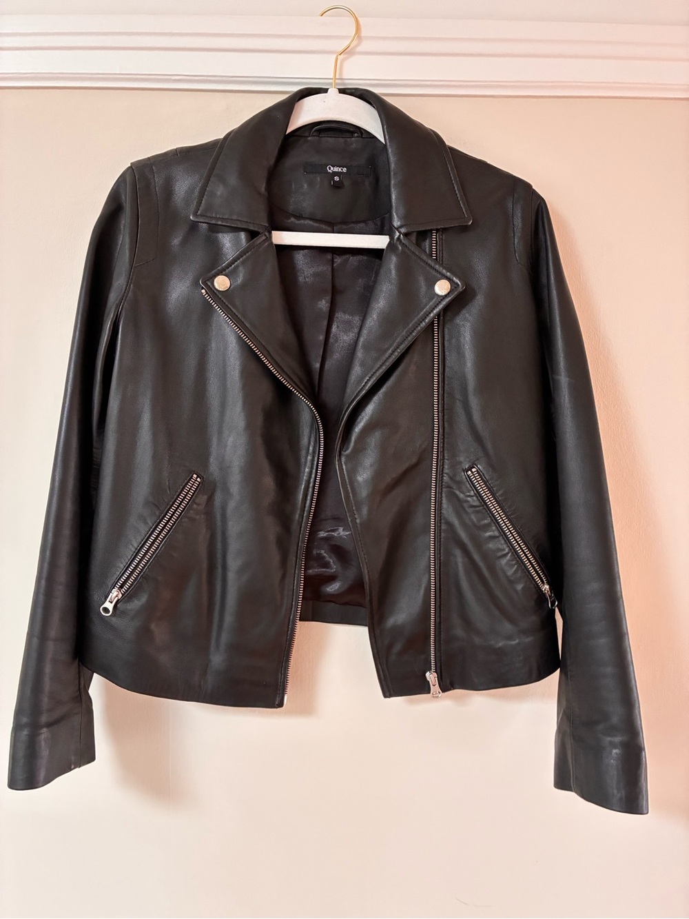 Quince Black Leather Asymmetrical Zip Moto Jacket